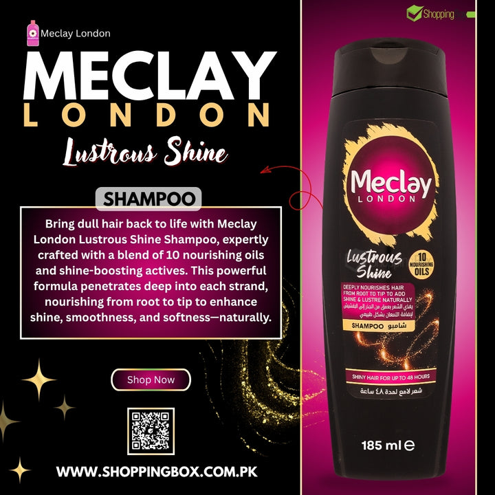 Meclay London Lustrous Shine Shampoo bottle with promotional text on a black and pink background for social media post