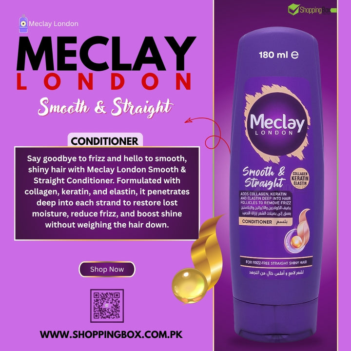 Meclay London Smooth & Straight conditioner bottle on a purple background with promotional post for Shopping Box