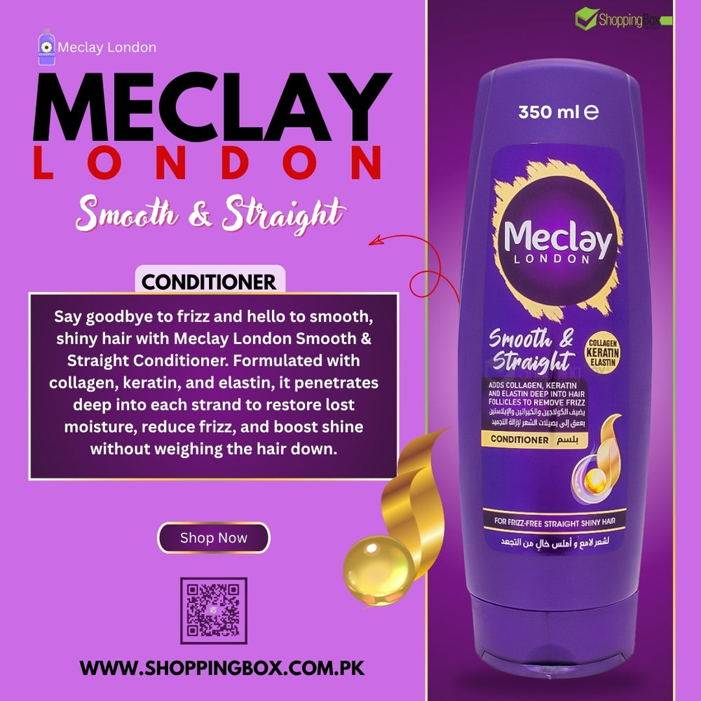 Meclay London Smooth & Straight conditioner bottle on a purple background with promotional post for Shopping Box at social media post.