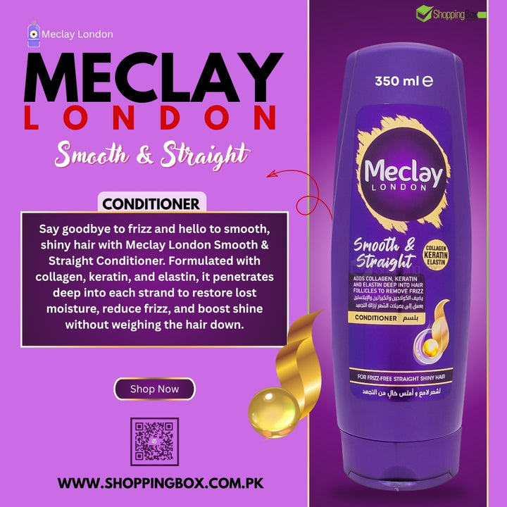 Meclay London Smooth & Straight conditioner bottle on a purple background with promotional post for Shopping Box at social media post.