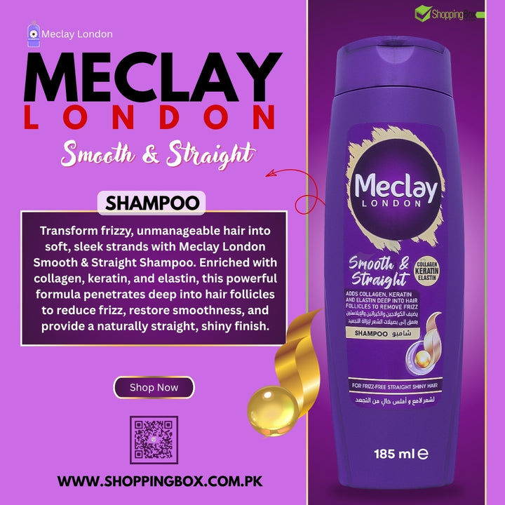 Meclay London Smooth & Straight Shampoo bottle on a purple background with promotional post for Shopping Box
