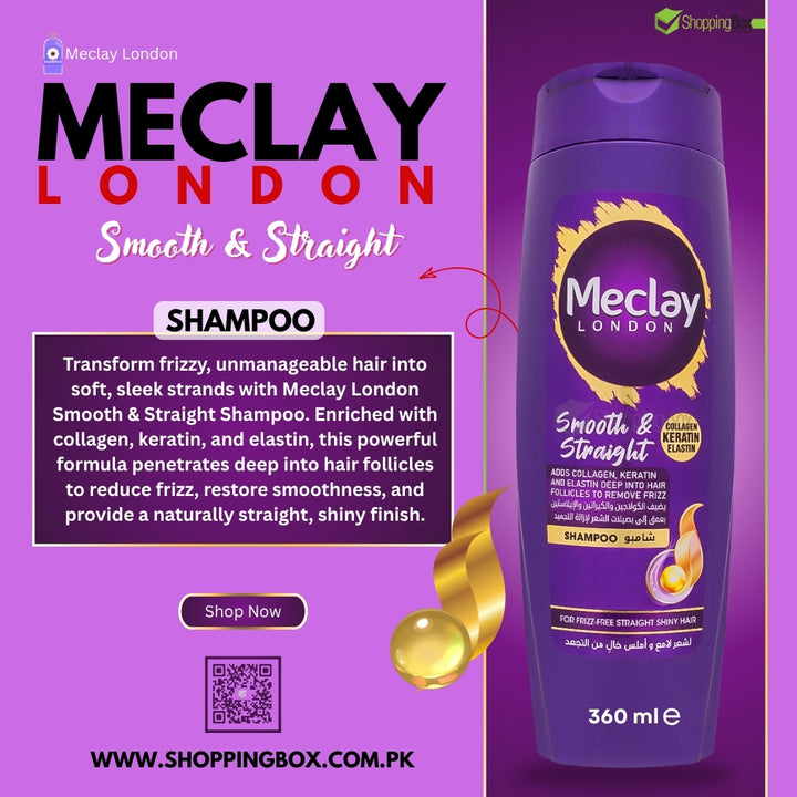 Meclay London Smooth & Straight Shampoo bottle on a purple background with promotional post for shopping box