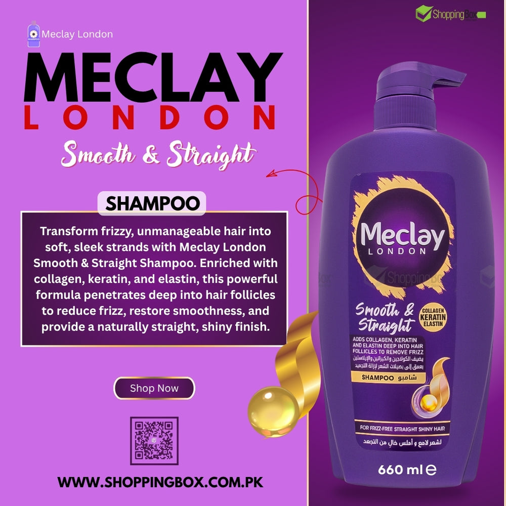 Meclay London Smooth & Straight Shampoo bottle on a purple background with product details for Advertising on Social Media for Shopping Box