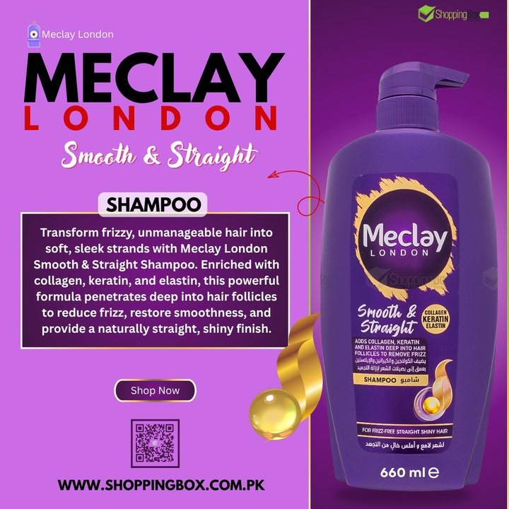 Meclay London Smooth & Straight Shampoo bottle on a purple background with product details for Advertising on Social Media for Shopping Box