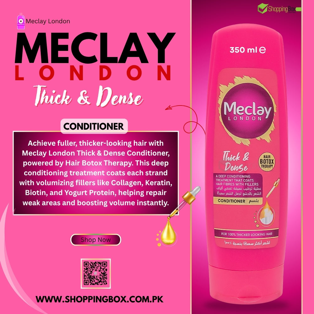 Meclay Thick & Dense Conditioner 350ml back details with product advertising for shopping box
