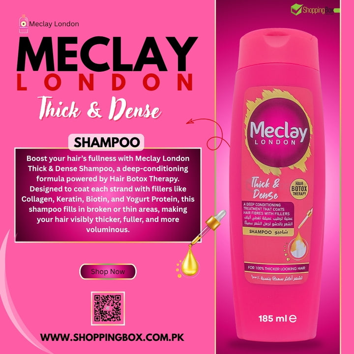 Meclay Thick & Dense Shampoo 185ml front view with benefits at shopping box poster for social media posts
