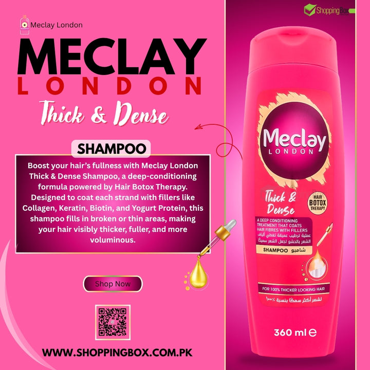 Meclay Thick & Dense Shampoo 360ml back label with details at poster for shopping box for social media