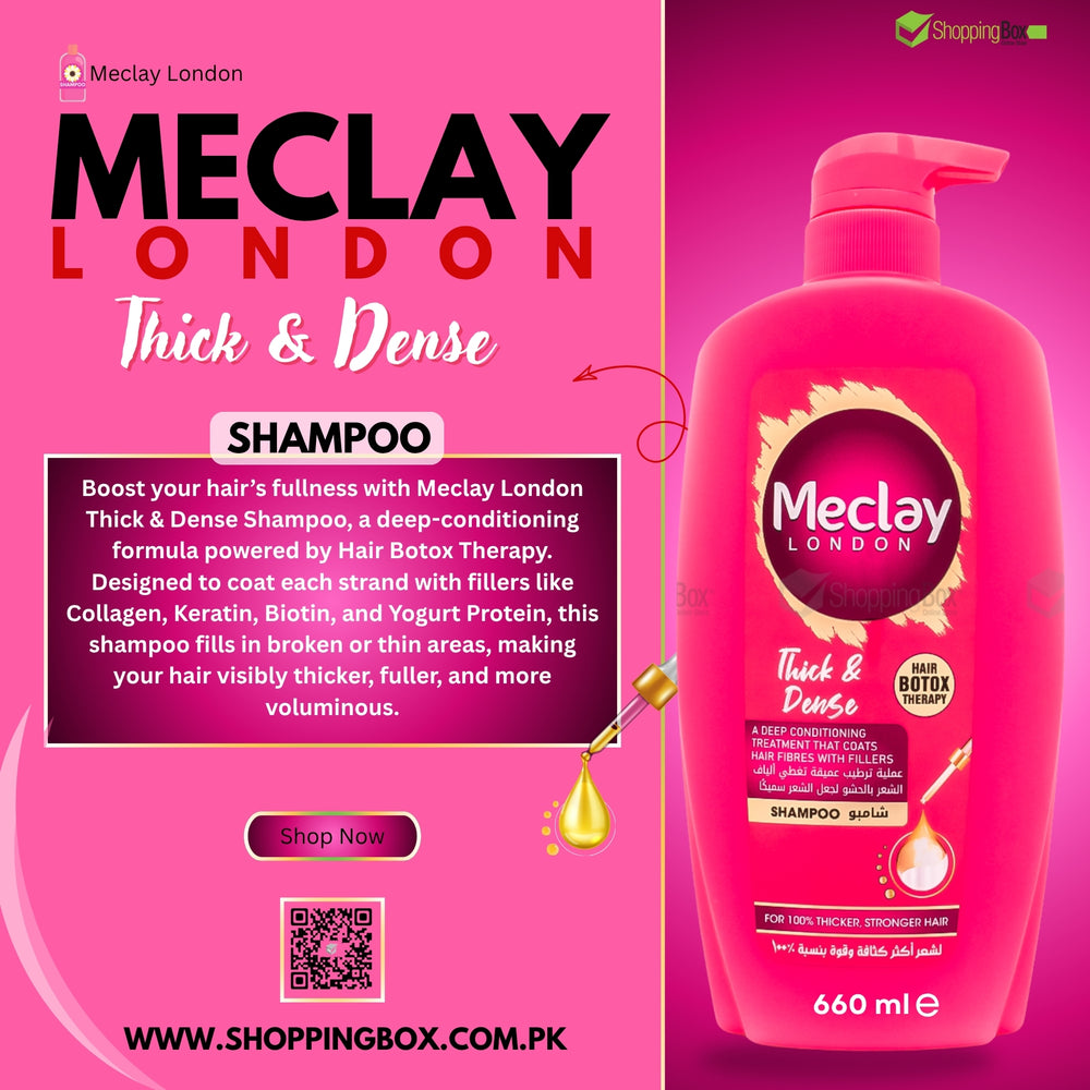 Meclay Thick & Dense Shampoo 660ml pump front view at poster for shopping box advertising at social media