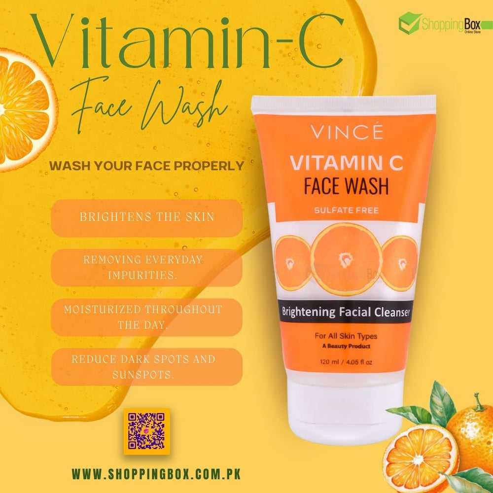 Vince Vitamin C Face Wash 120ml front side of tube with benefits, poster for shopping box ads