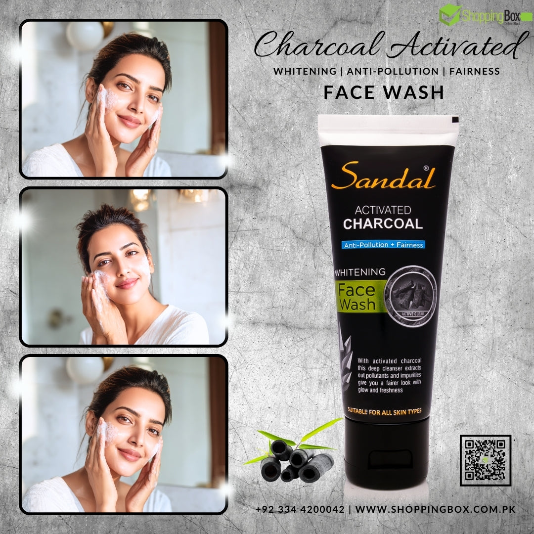 Sandal Charcoal Activated Face Wash with images of a woman applying face wash-Shopping Box Poster