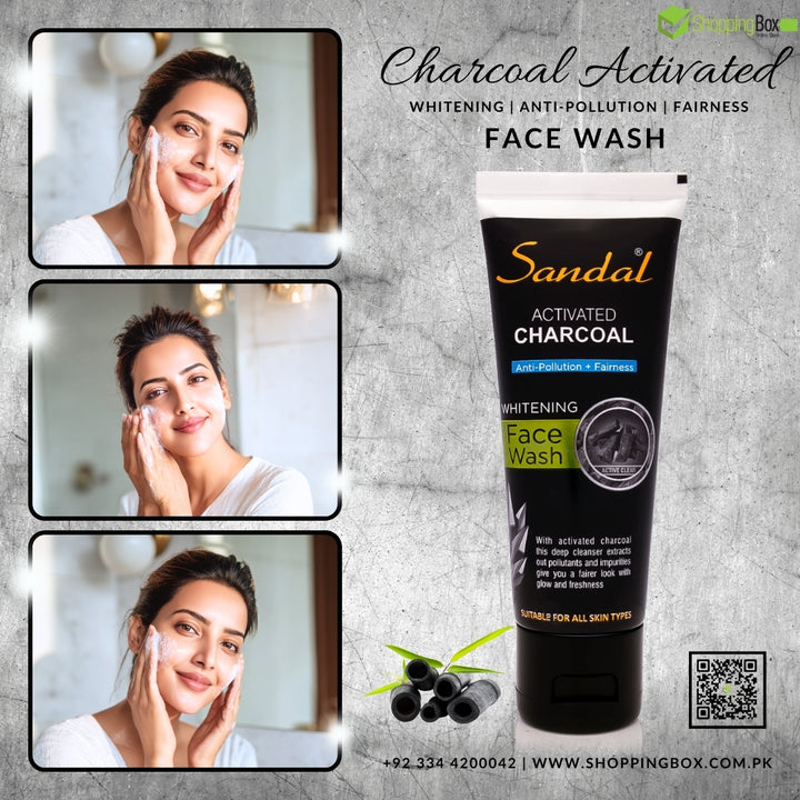 Sandal Charcoal Activated Face Wash with images of a woman applying face wash-Shopping Box Poster
