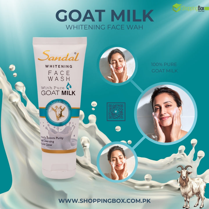 Sandal Whitening Face Wash with Pure Goat Milk on a blue background with product packaging and images of people using the product.