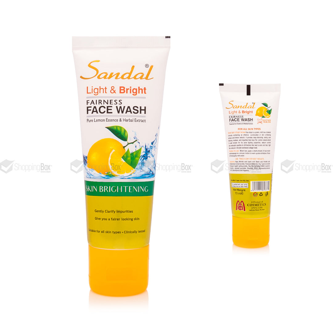 Sandal Light & Bright Fairness Face Wash 70ml front and back view – Shopping Box