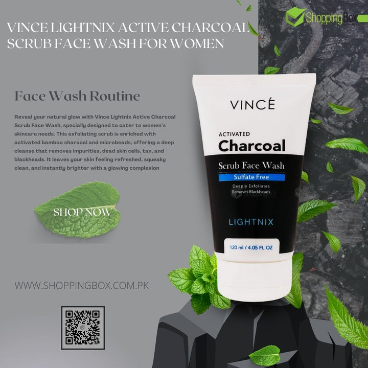 Vince Activated Charcoal Scrub Face Wash 120ml lifestyle image with mint & charcoal background