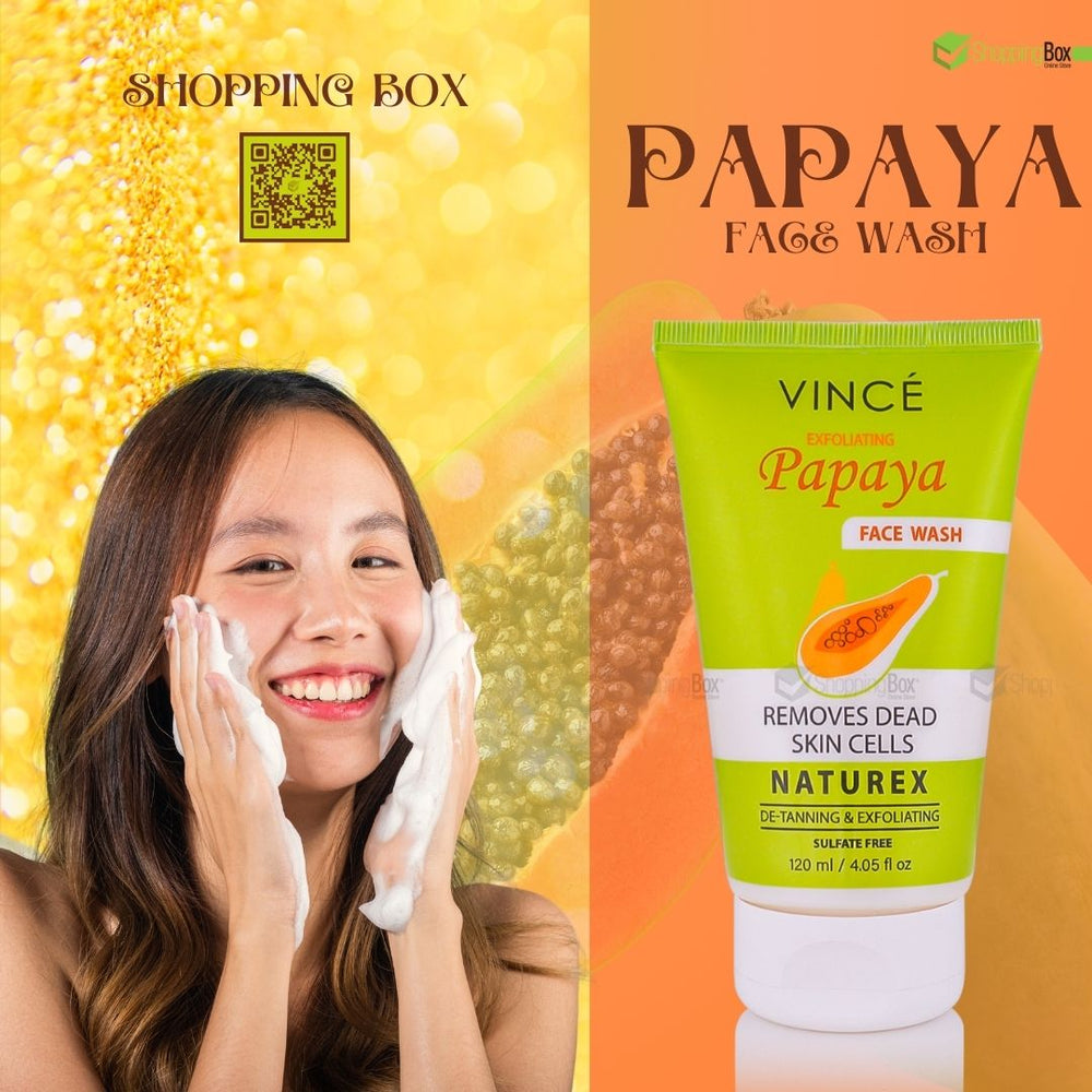 Vince Papaya Face Wash lifestyle image with model cleansing face for Shopping Box.