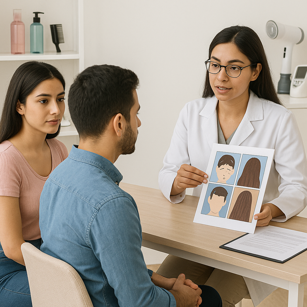 Men And Women Setting Front Of Doctor, For Hair Care, Shopping Box