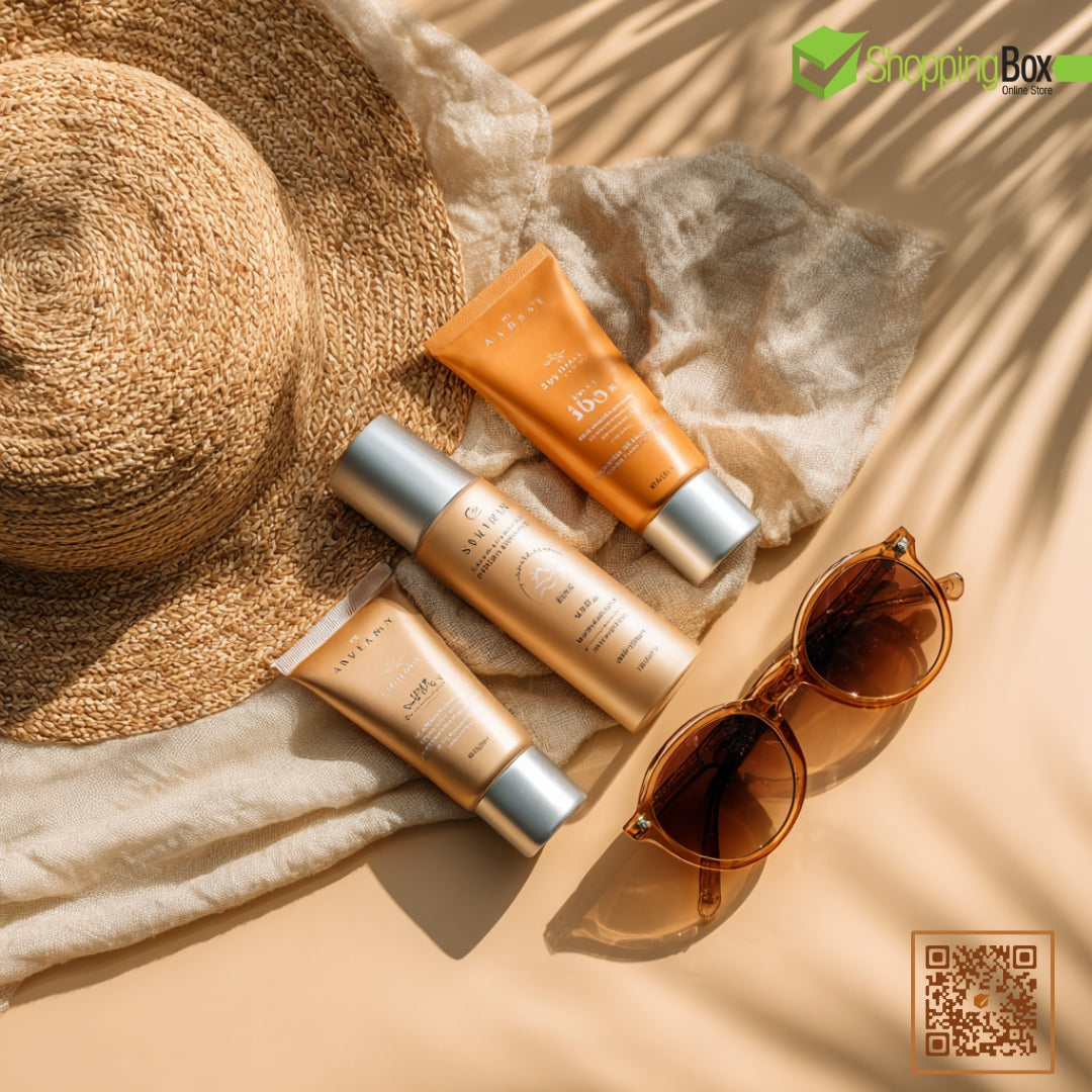 aesthetic skincare flatlay for sun protection blog, featuring sunscreen tubes At shopping Box