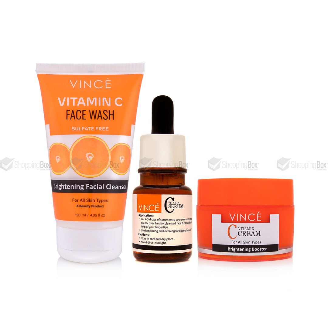 Vincé Vitamin C Skincare Bundle – Face Wash, Serum, and Cream for Brightening and Acne Control at Shopping Box Pakistan