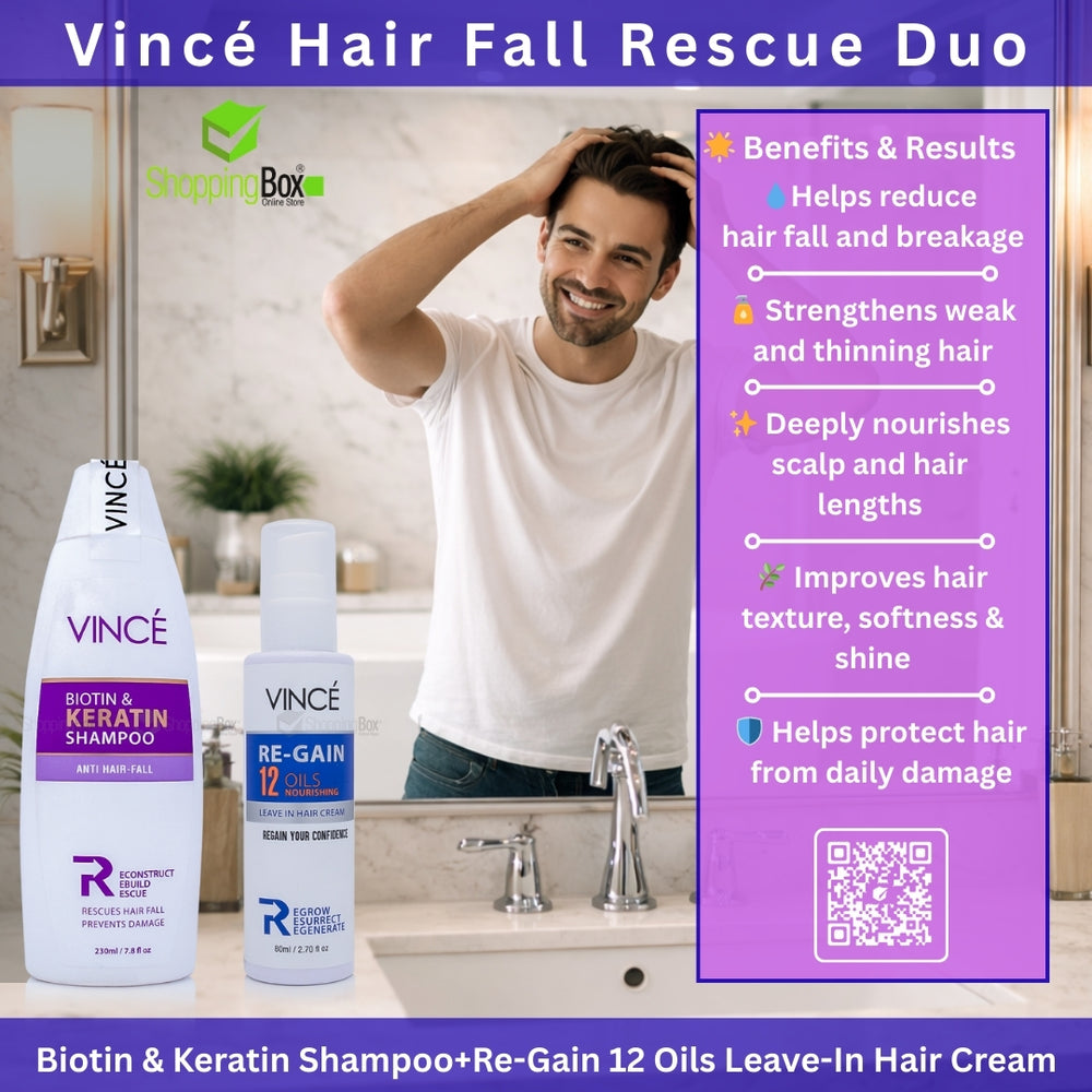 Vincé Hair Fall Rescue Duo with a man in front of a mirror, showing benefits and results.