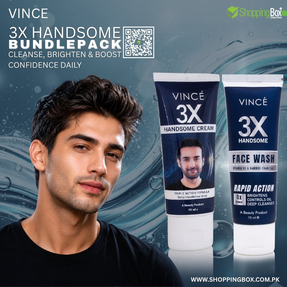 Vince 3X Handsome promotional poster with male model and skincare products