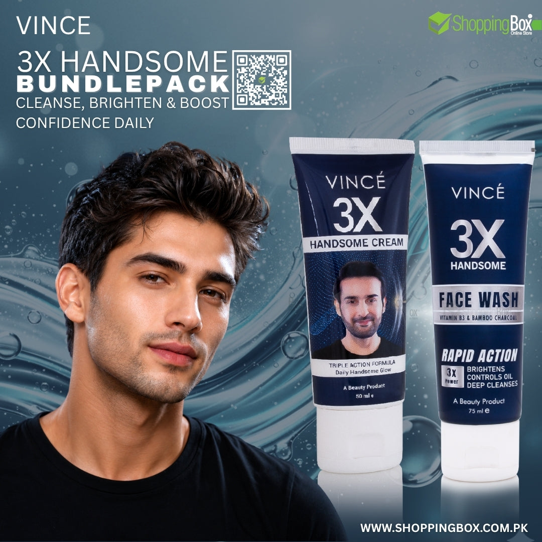 Vince 3X Handsome promotional poster with male model and skincare products