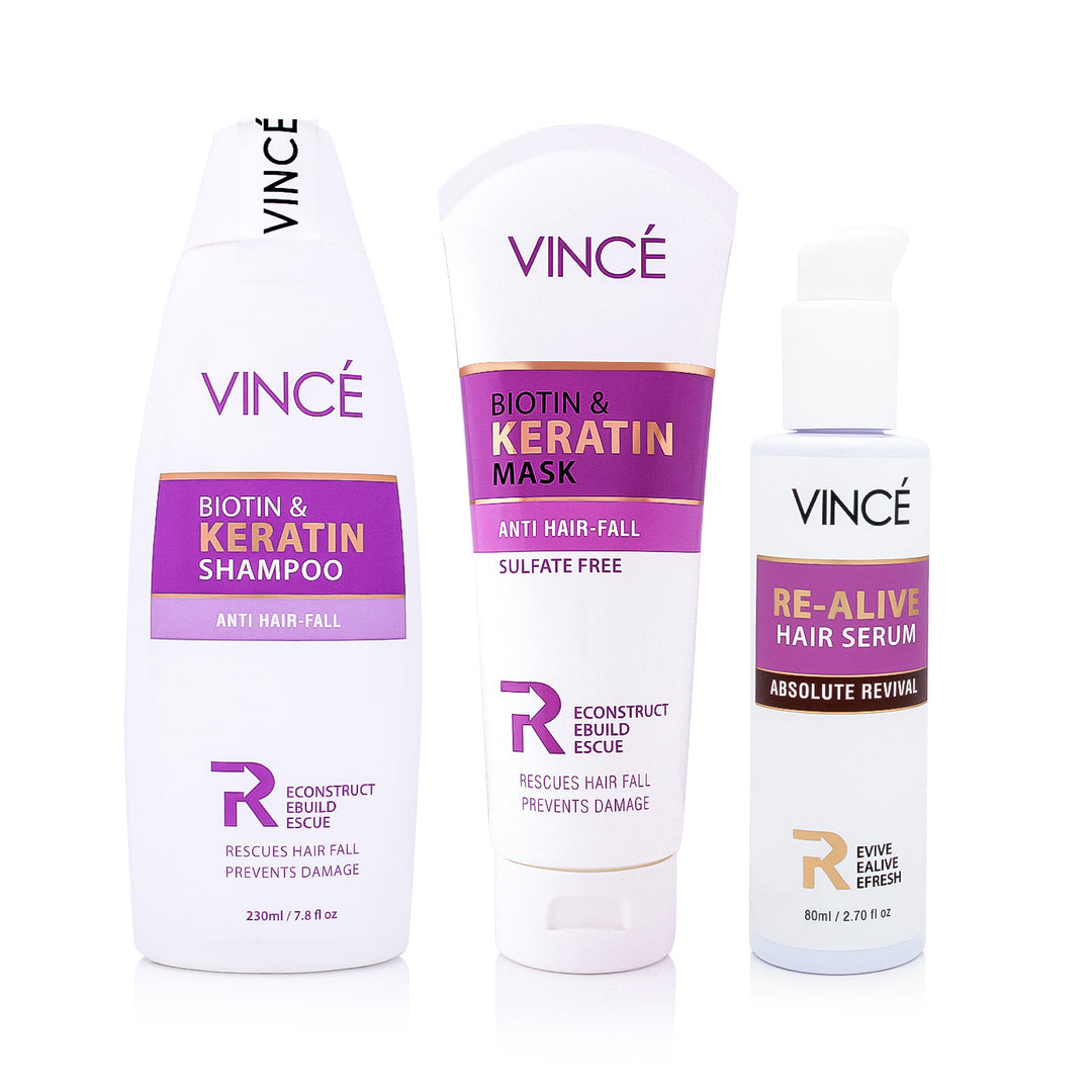 Vince hair care product set including shampoo, mask, and serum on a white background