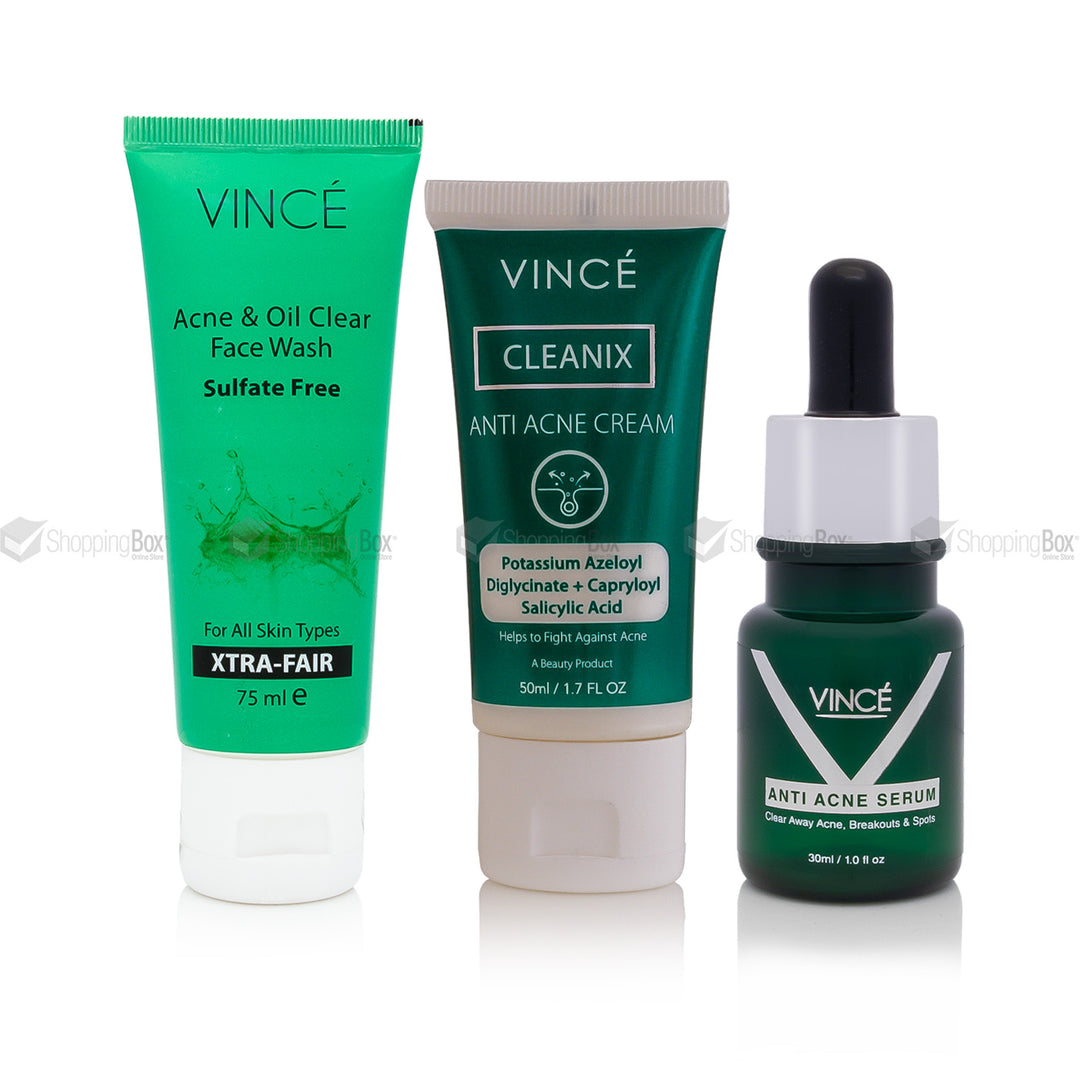 Vince skincare products including face wash, cream, and serum on a white background