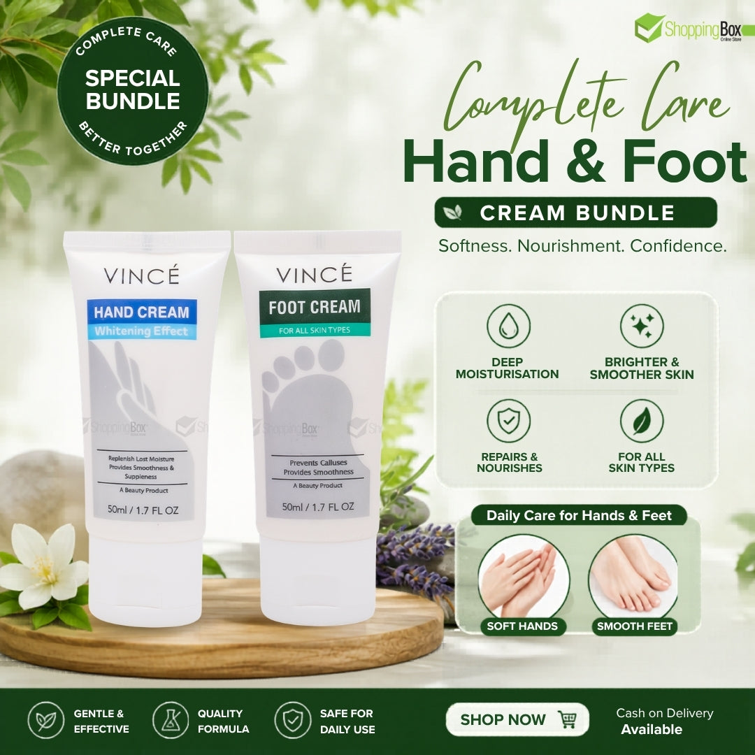 Vince hand and foot cream bundle with packaging and branding elements on a green background.