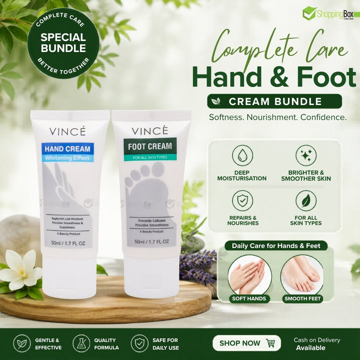 Vince hand and foot cream bundle with packaging and branding elements on a green background.