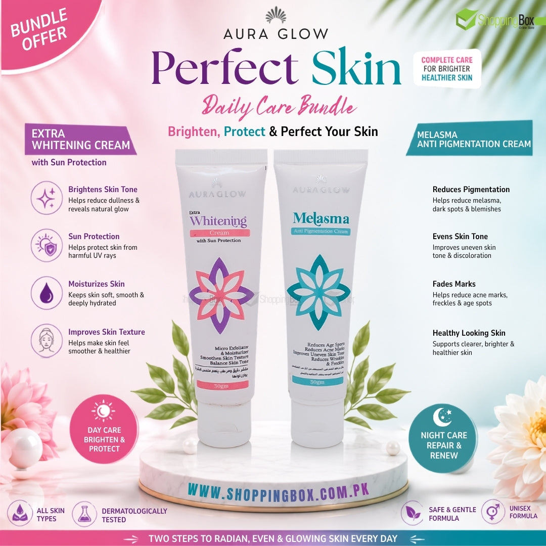 Aura Glow Perfect Skin Daily Care Bundle with two cream tubes on a decorative stand against a pink floral background.