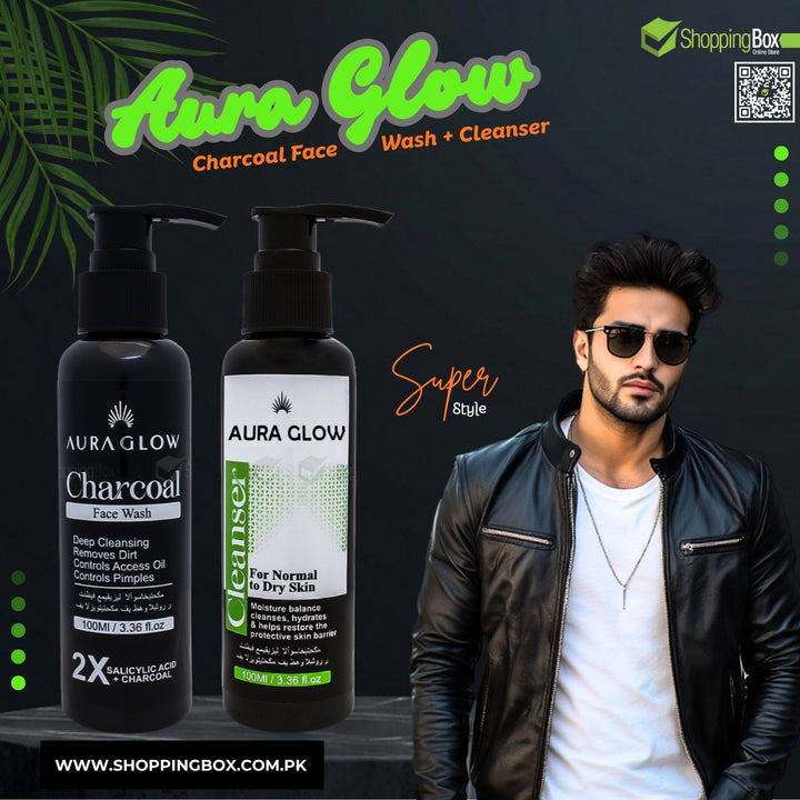 Aura Glow skincare bundle with Charcoal Face Wash and Cleanser Display With handsome Model Advertising for Shopping Box.