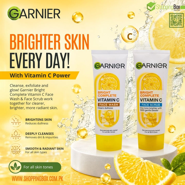 Garnier Vitamin C Face Wash and Face Scrub 2-piece skincare duo poster for Shopping Box.
