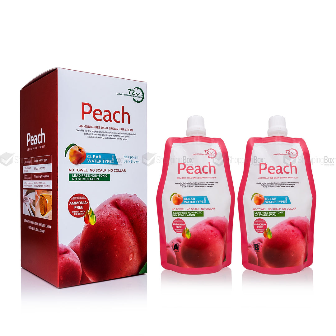 Peach Hair Color Ammonia Free – Herbal cream dye for black and dark brown shades with aloe vera, made in China, available in sachet, 250ml, and 500ml.
