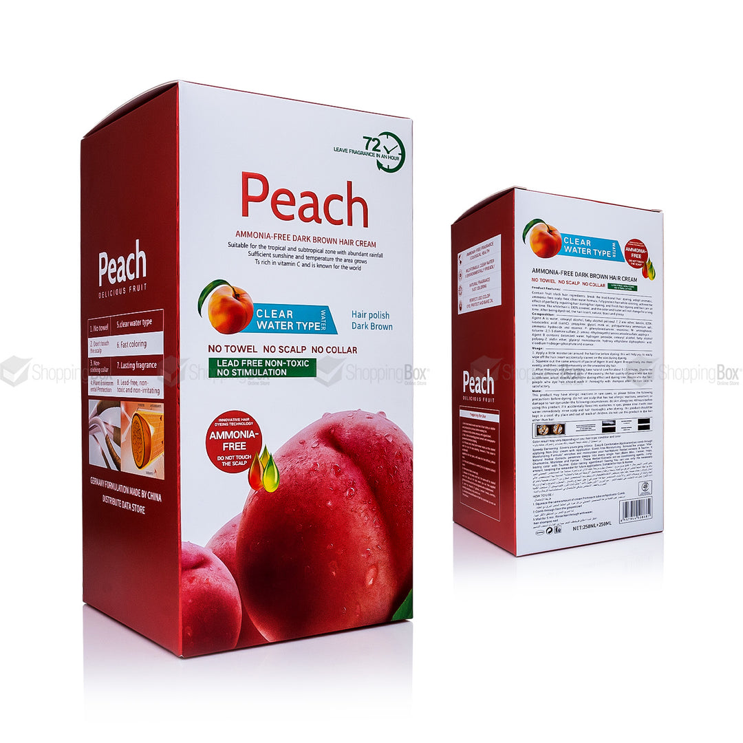 Peach Hair Color Ammonia Free – Herbal cream dye for black and dark brown hair with aloe vera, available in sachet, 250ml, and 500ml – made in China.