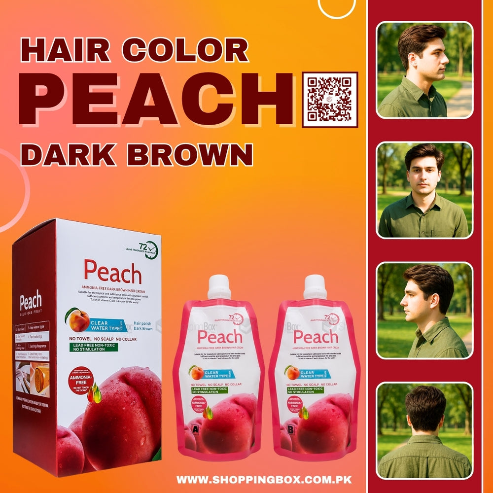 Advertisement for peach hair color product with packaging and QR code on an orange background.