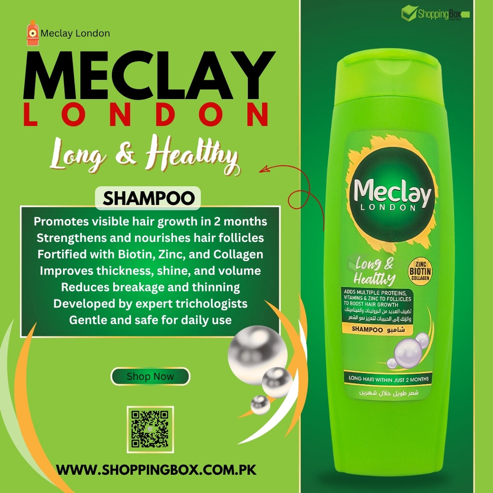 Meclay London Long & Healthy Shampoo – biotin, zinc & collagen hair growth formula for longer, thicker, shinier hair – available in 185ml, 360ml & 660ml.