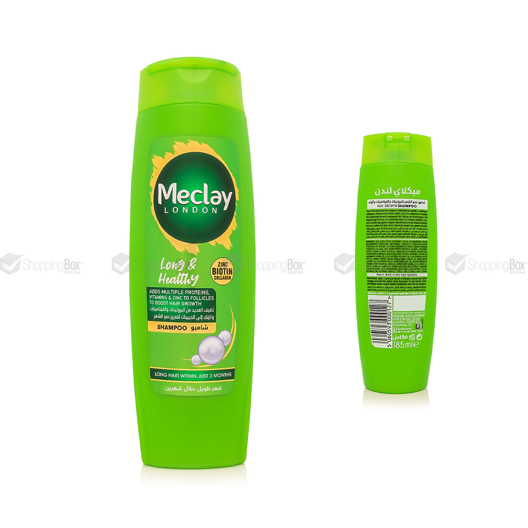 Meclay London Long & Healthy Shampoo – biotin, zinc & collagen hair growth formula for longer, thicker, shinier hair – available in 185ml, 360ml & 660ml.