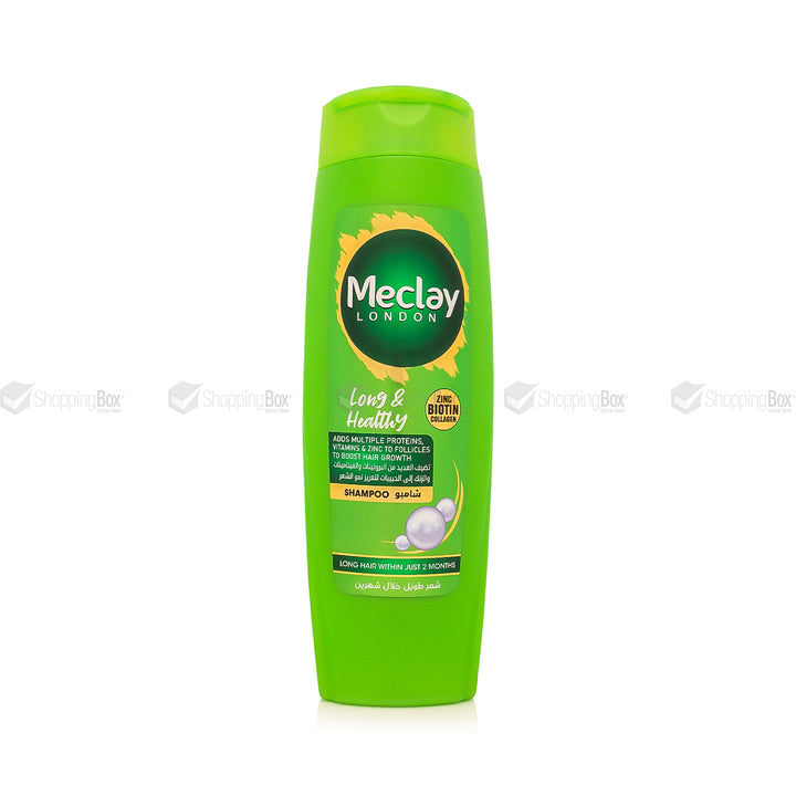 Meclay London Long & Healthy Shampoo – biotin, zinc & collagen hair growth formula for longer, thicker, shinier hair – available in 185ml, 360ml & 660ml.