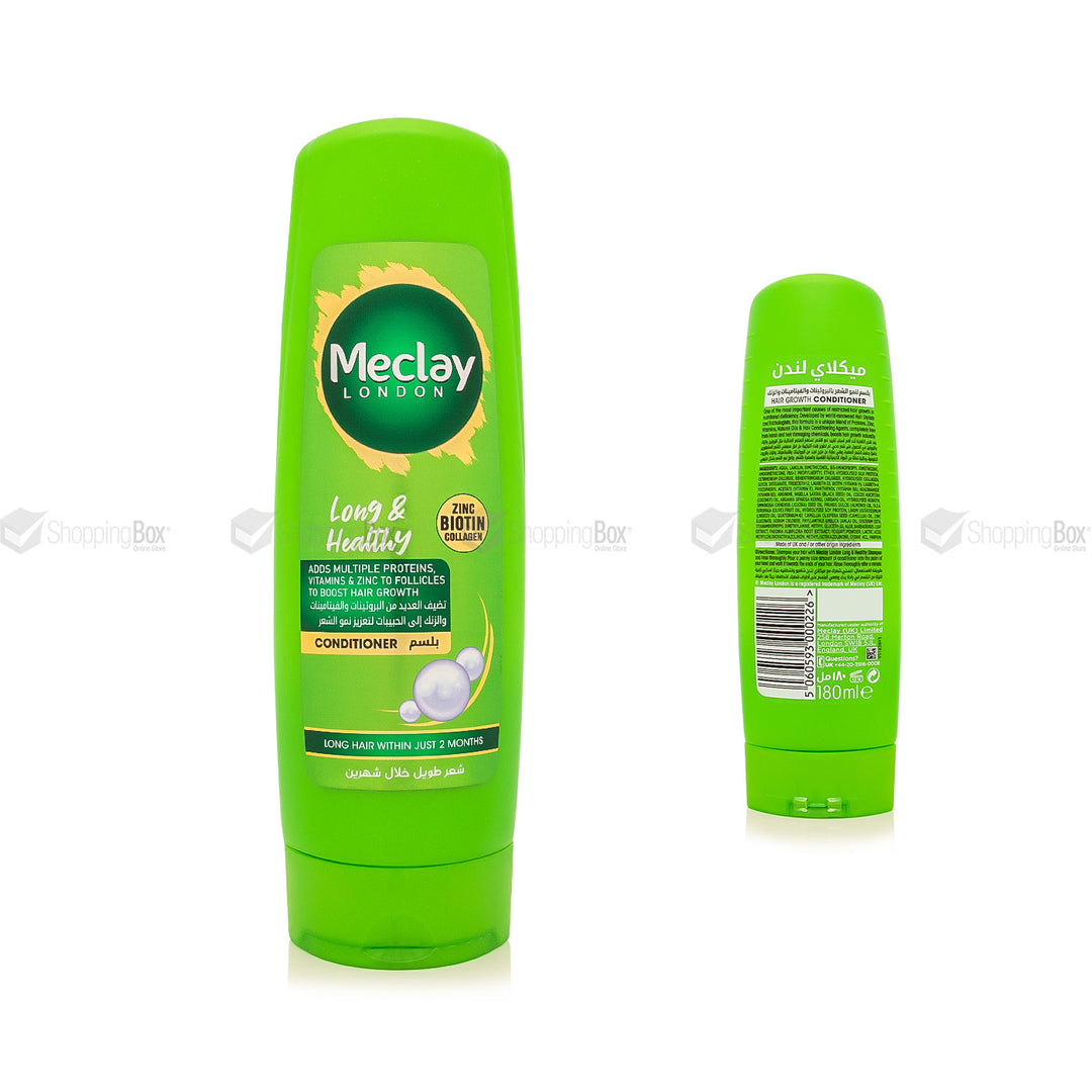 Meclay London Long & Healthy Conditioner – biotin, zinc & collagen hair growth and repair formula for longer, smoother, shinier hair – available in 185ml & 350ml.