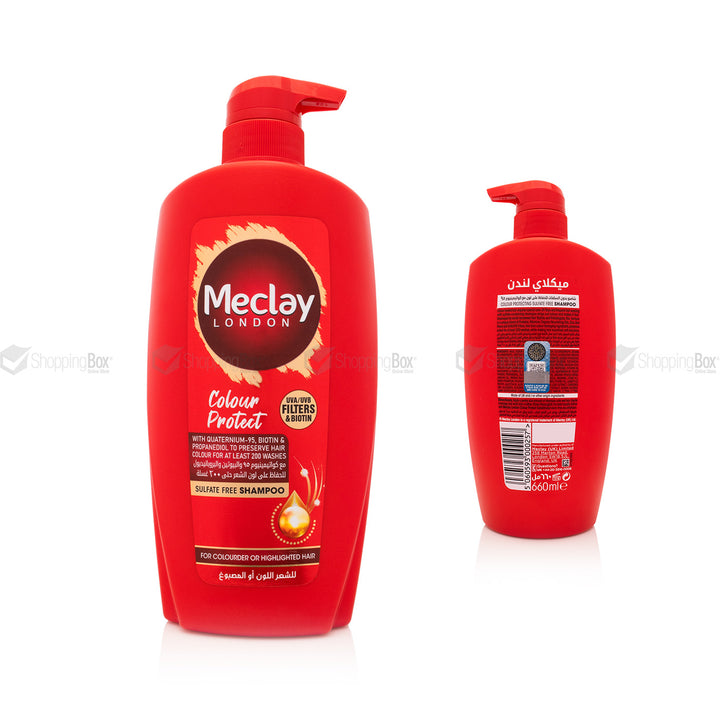 Red shampoo bottle with Meclay London front and back view on white background with Shopping box water mark.