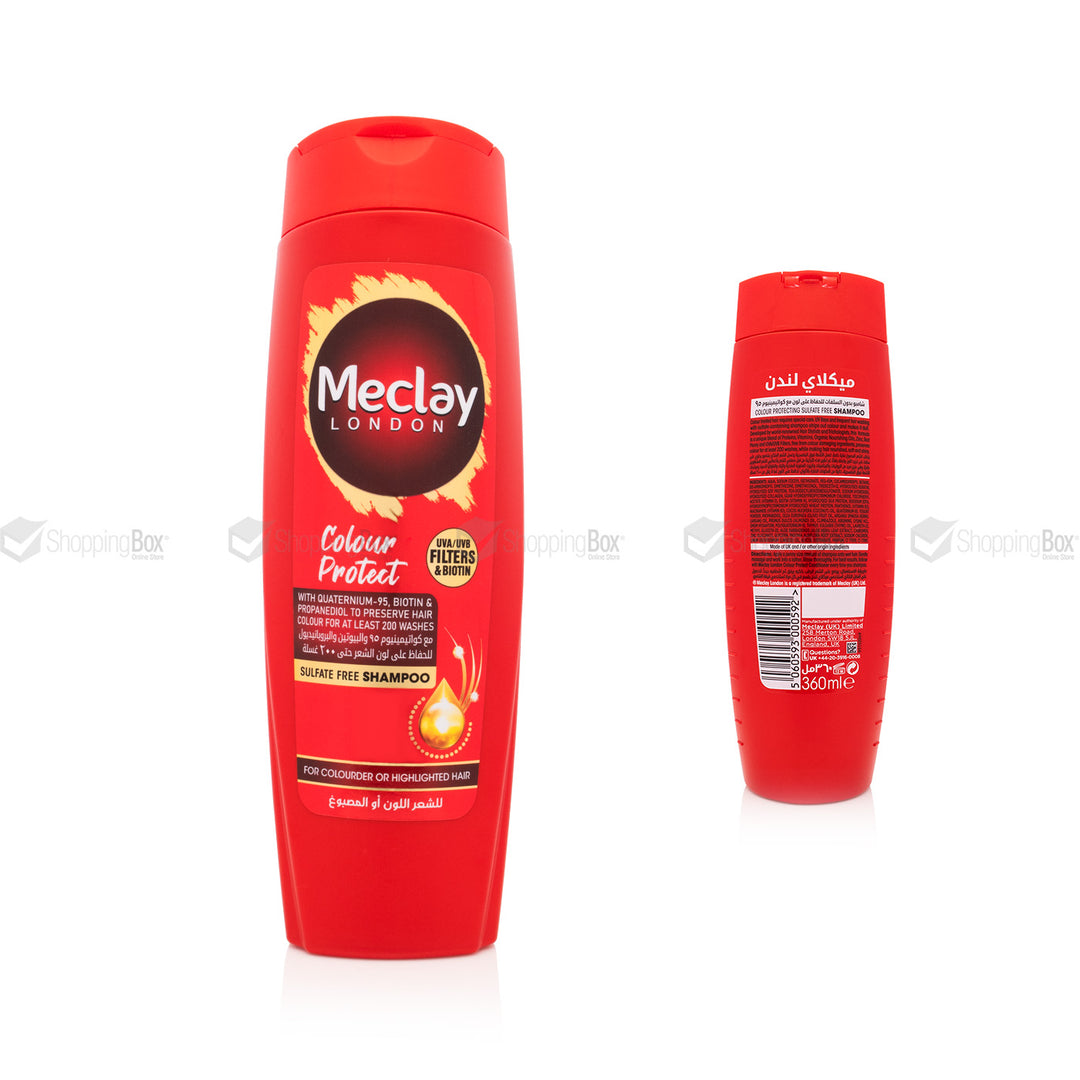 Red shampoo bottle with Meclay London branding on a white background