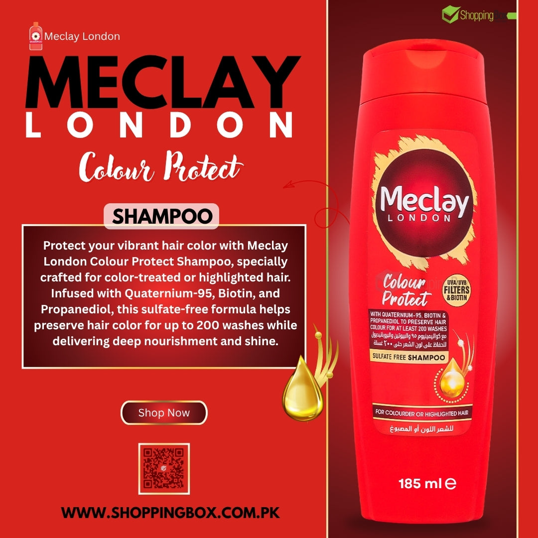 Meclay London Colour Protect shampoo bottle on a red background with product details for Social Media poster at Shopping Box Meta.