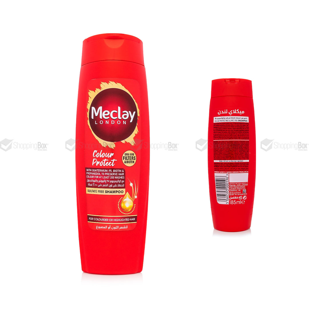 Red shampoo bottle with Mectay London branding on a white background