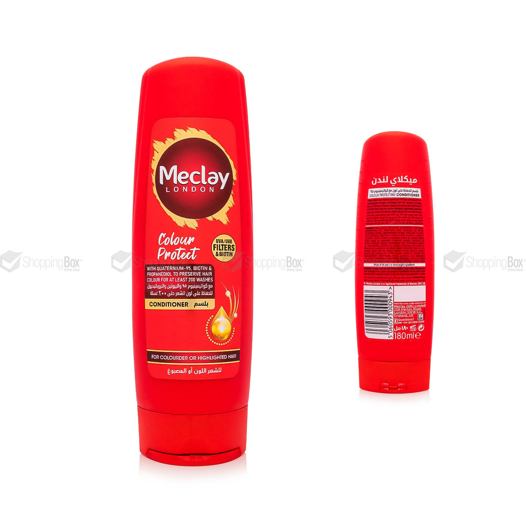 Red Meclay London conditioner bottle on a white background