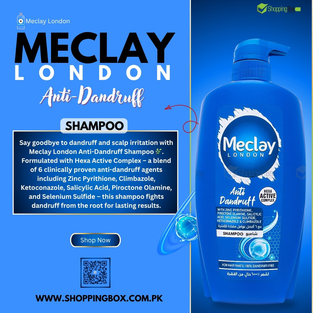 Meclay London Anti-Dandruff Shampoo bottle on a blue background with promotional text for Shopping box Advertising Poster.