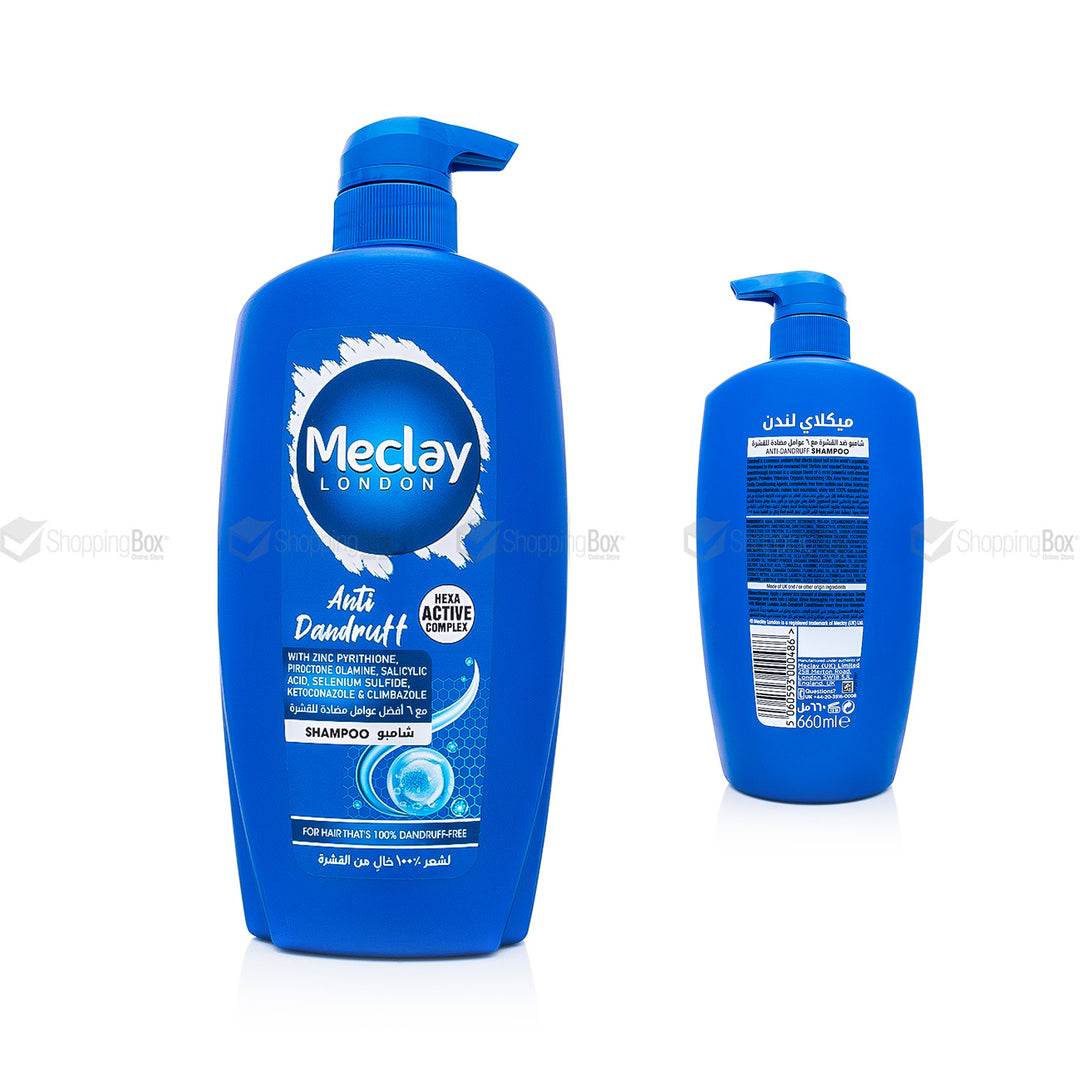 Two blue shampoo bottles with Meclay branding on a white background