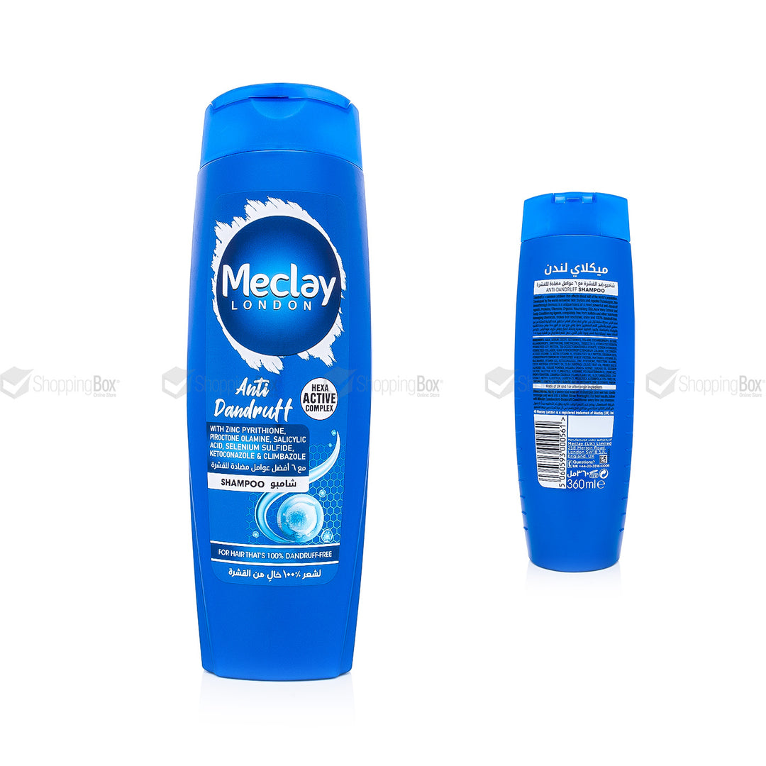 Blue shampoo bottle with Meclay London branding on a white background