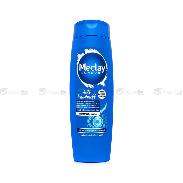 Blue shampoo bottle with Meclay branding on a white background