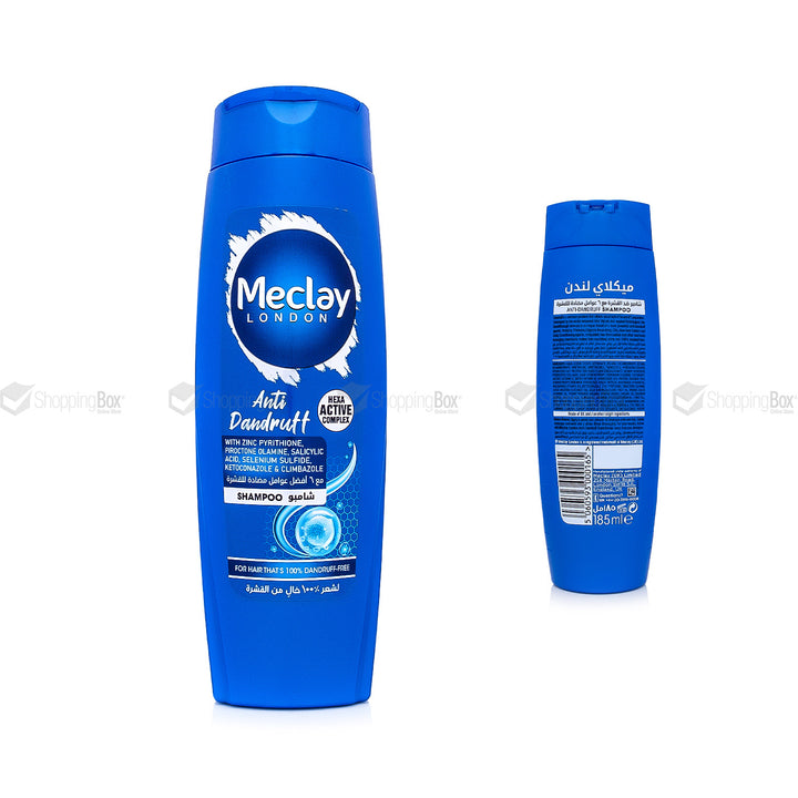 Blue shampoo bottle with Meclay London branding on a white background