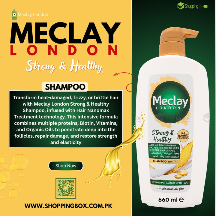 Meclay London shampoo bottle with promotional text on a green and yellow background for social media post.